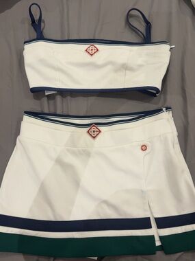 CASABLANCA White Two-Piece Skirt Set with Navy & Green Trim